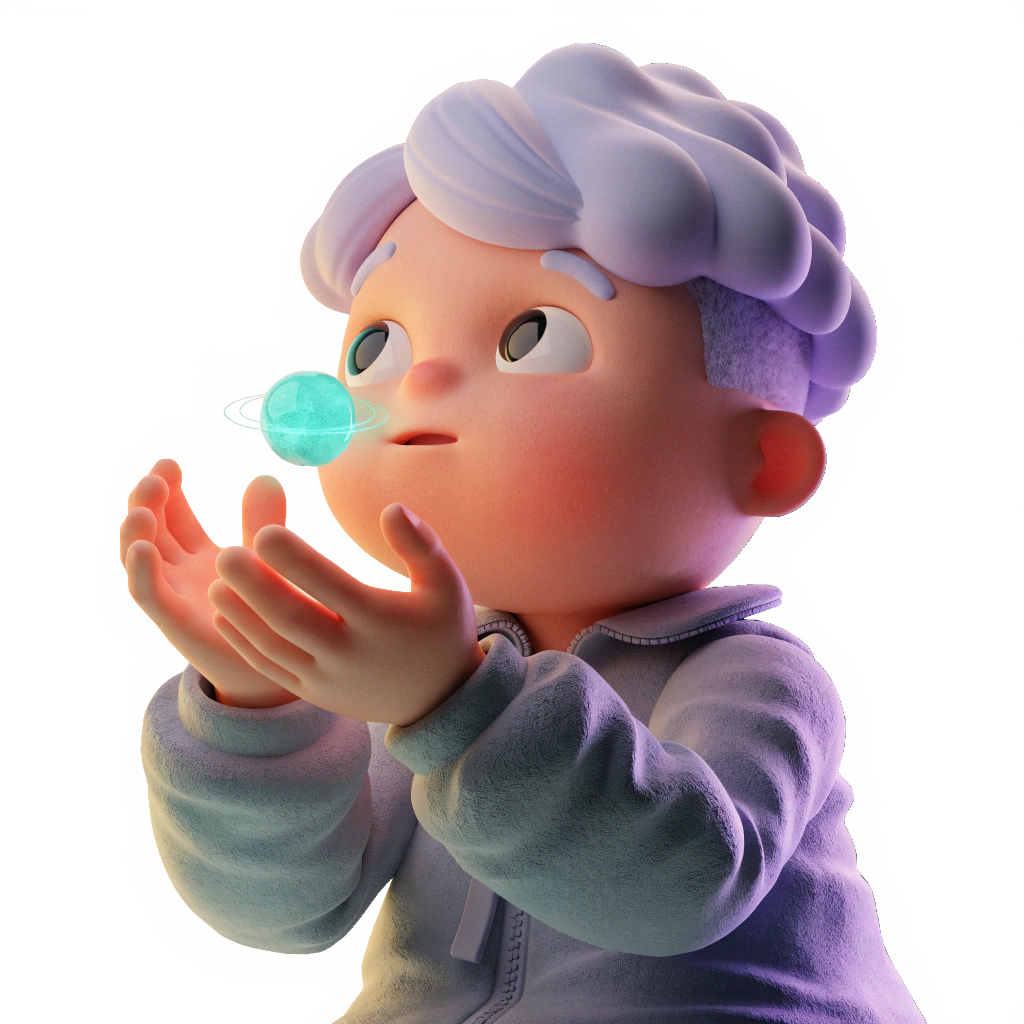 Discover — curious character inspecting a glowing orb